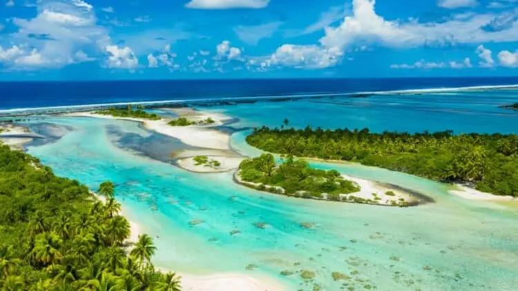 Vue aérienne d’un lagon turquoise avec bancs de sable et palmiers aux Antilles