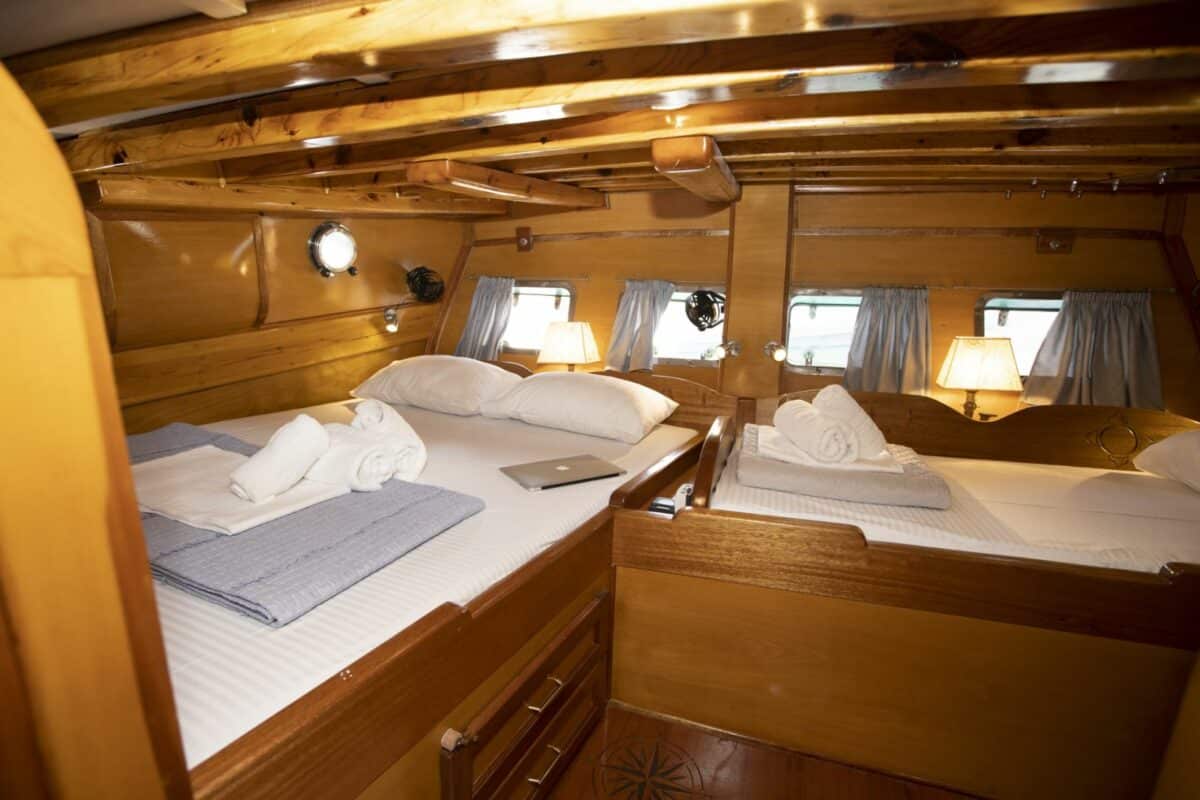 Intérieur cosy d'une cabine en bois sur un voilier, avec lit double et éclairage tamisé.
