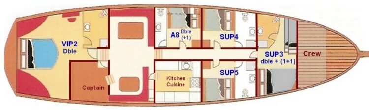 Plan détaillé du yacht Kapetan Kosmas, illustrant la distribution des cabines VIP, SUP et de l'équipage ainsi que la cuisine et la cabine du capitaine.