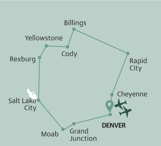 Carte du circuit des Rocheuses américaines au départ de Denver, incluant Yellowstone, Salt Lake City et Moab.