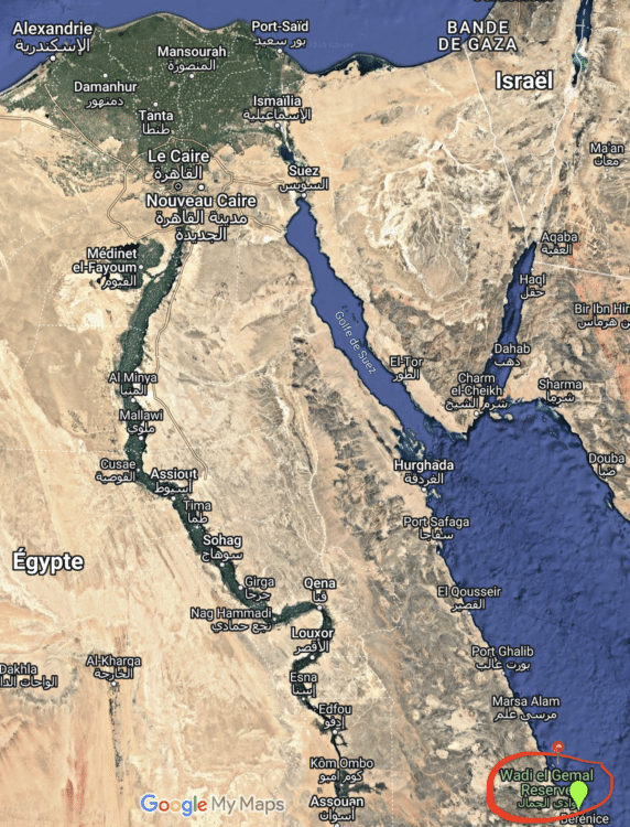 Carte de localisation de Wadi Lahami, Égypte - Réserve naturelle près de Marsa Alam et Bérénice, idéale pour la plongée et le kitesurf en mer Rouge.