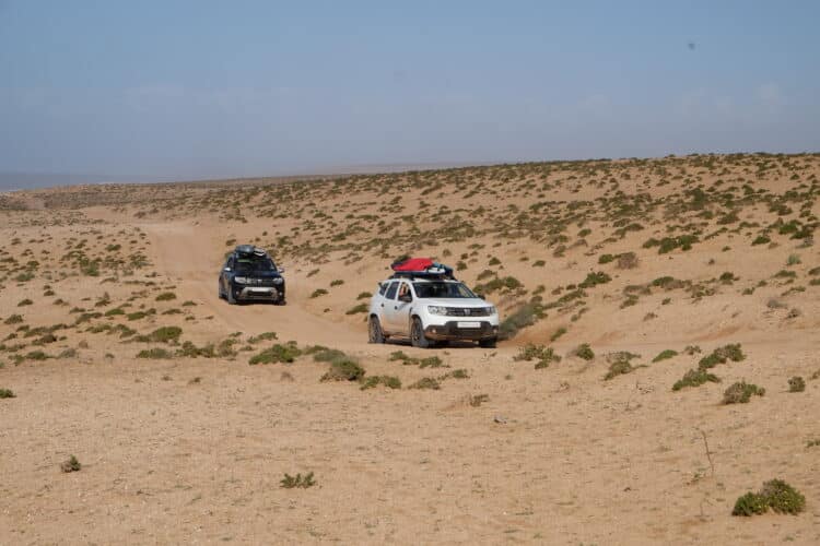 Véhicules traversant les dunes à la recherche de spots de surf au Maroc.