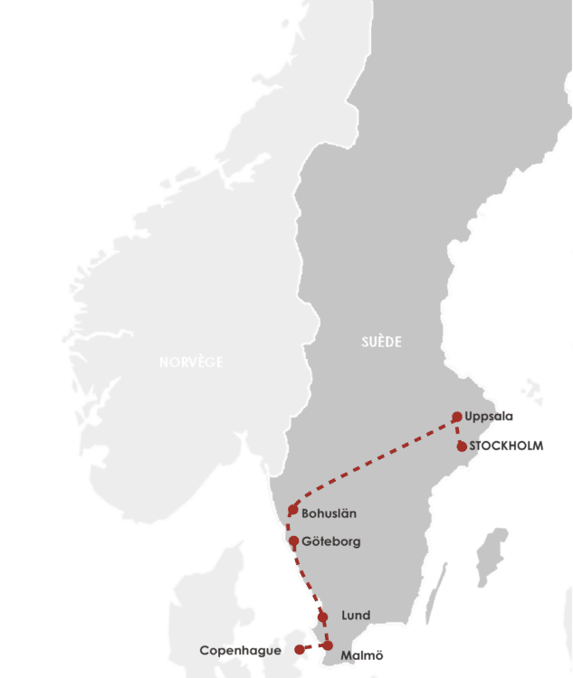 Carte montrant un itinéraire de voyage en Suède, de Stockholm à Malmö, incluant Uppsala, Göteborg et Lund.