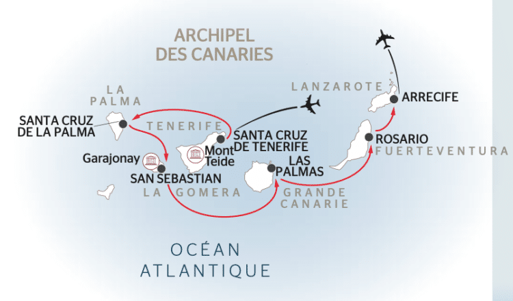 Itinéraire de la croisière dans l'archipel des Canaries, incluant Tenerife, La Gomera, et plus.