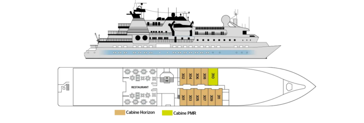 Plan du pont du navire avec restaurant et cabines