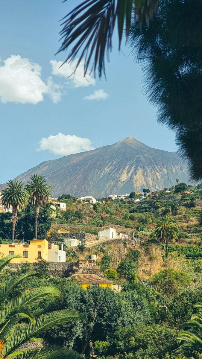 Vue panoramique d'un village luxuriant avec le majestueux Mont Teide en arrière-plan aux Îles Canaries.