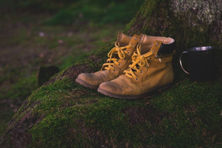 Bottes de randonnée posées sur un sol de mousse en forêt.