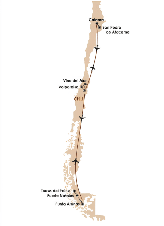 Carte de l'itinéraire du circuit touristique au Chili, incluant Santiago, Valparaíso, San Pedro de Atacama, et la Patagonie.