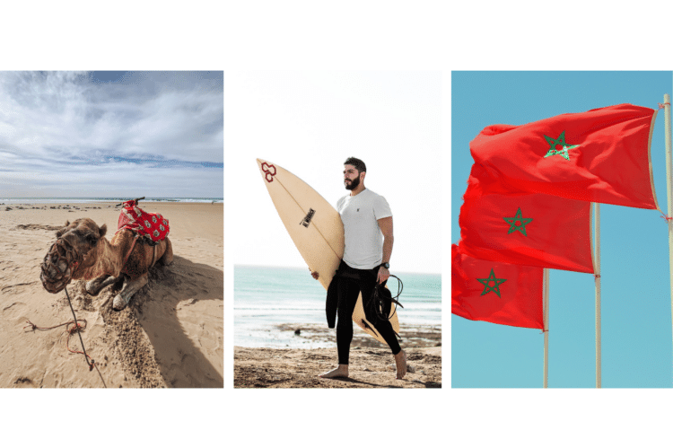 Montage de trois images illustrant un chameau sur une plage, un surfeur au Maroc et des drapeaux marocains flottant sous un ciel bleu.