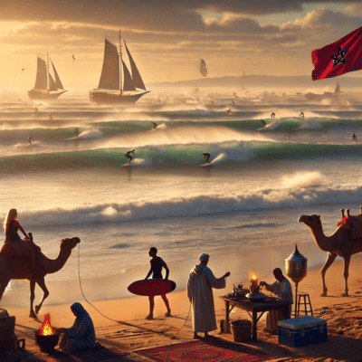 Scène de plage marocaine au coucher du soleil avec surfeurs et chameaux