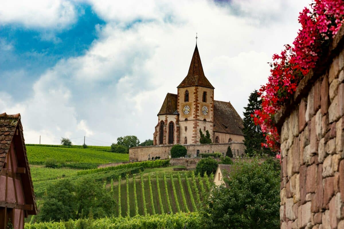 Église au milieu des vignobles en Alsace