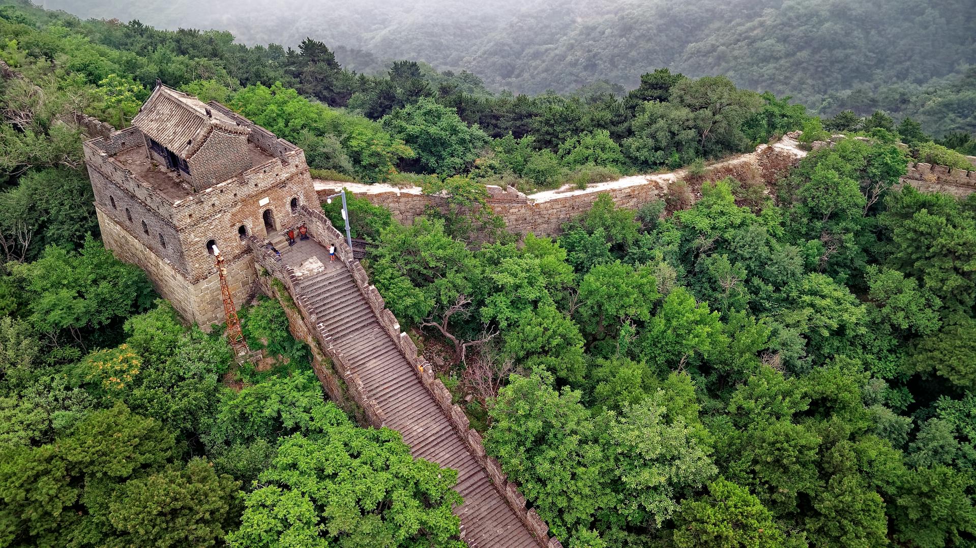 Vue aérienne de la Grande Muraille de Chine cachée dans les montagnes verdoyantes.