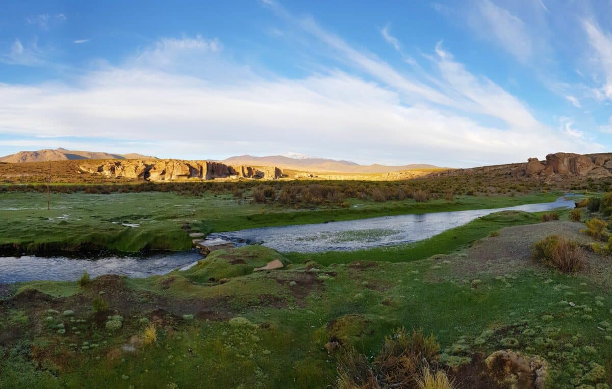 Rivière serpentant à travers des prairies verdoyantes du Sud Lipez