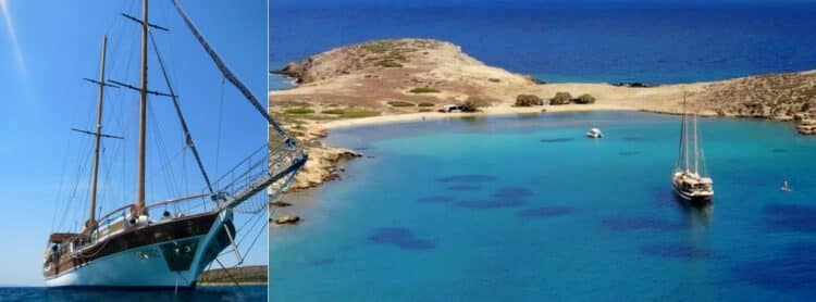 Voilier en bois ancré dans une baie grecque avec eaux turquoise