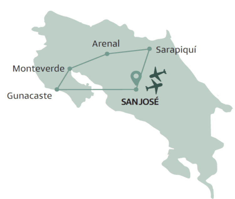 Carte du circuit touristique au Costa Rica passant par San José, Sarapiquí, Arenal, Monteverde, et Guanacaste.