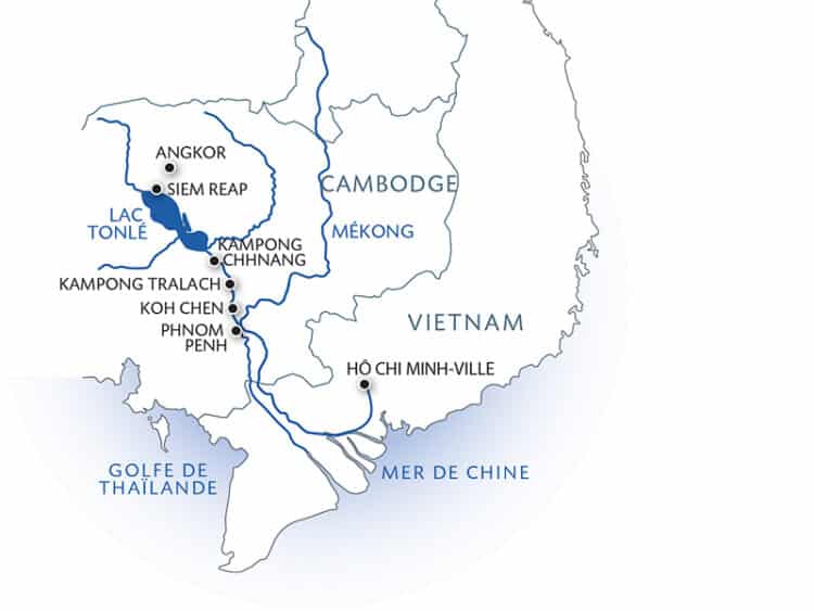 Carte du Mékong montrant les sites touristiques clés au Cambodge et au Vietnam, incluant Angkor, Siem Reap, Phnom Penh, et Hô Chi Minh-Ville.