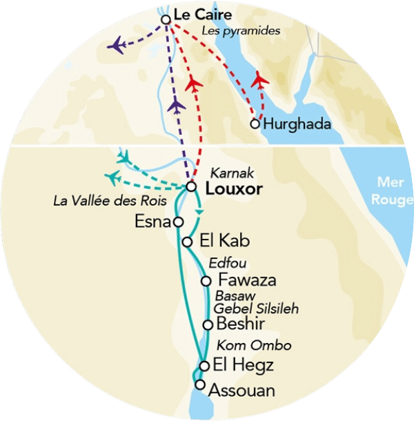 Carte de l'itinéraire de la croisière en Dahabeya de Louxor à Assouan en Égypte.