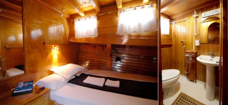 Cabine standard avec lits jumeaux et salle de bain privée sur un voilier