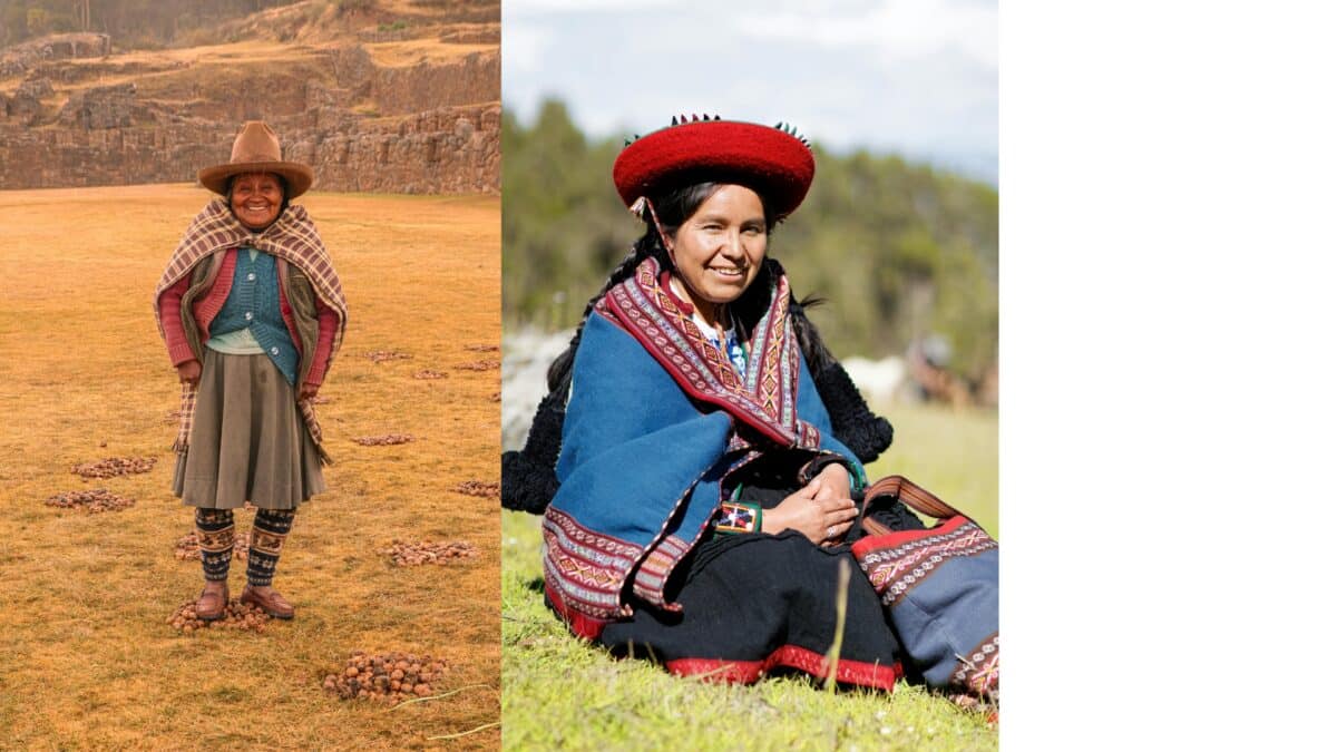 Femme quechua en tenue traditionnelle souriant dans les montagnes péruviennes.