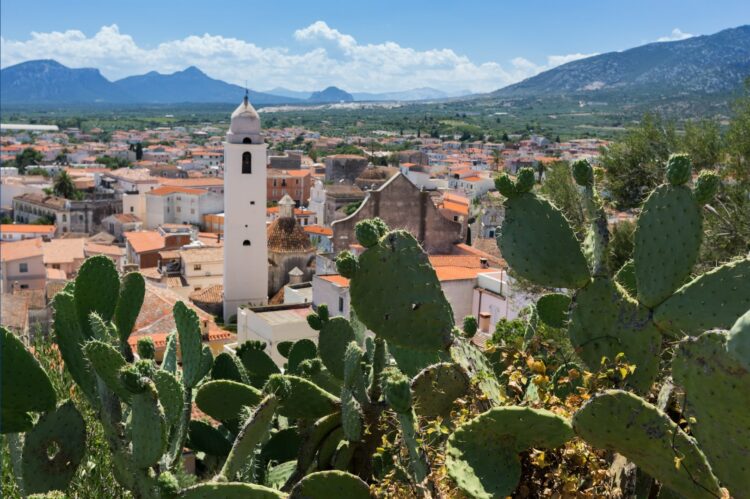 Vue sur le village sarde d’Orosei entouré de cactus.