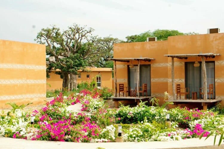 Lodges traditionnels entourés de jardins fleuris au Sénégal.