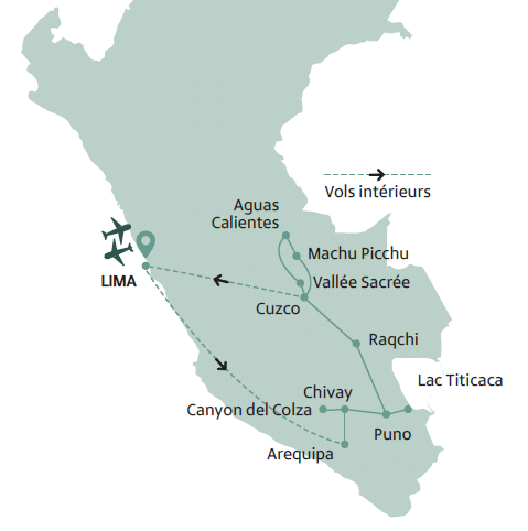 Carte du circuit au Pérou, itinéraire de voyage de Lima à Machu Picchu, en passant par Arequipa, Puno, le lac Titicaca et la Vallée Sacrée.