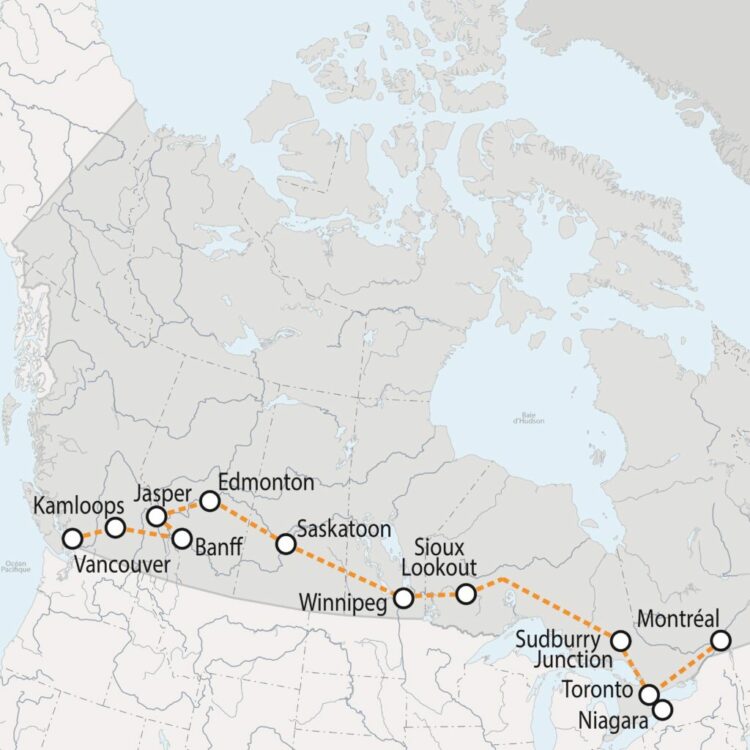 Carte de la traversée du Canada en train, reliant Montréal à Vancouver avec des arrêts à Toronto, Niagara, Jasper, Banff, et Kamloops.