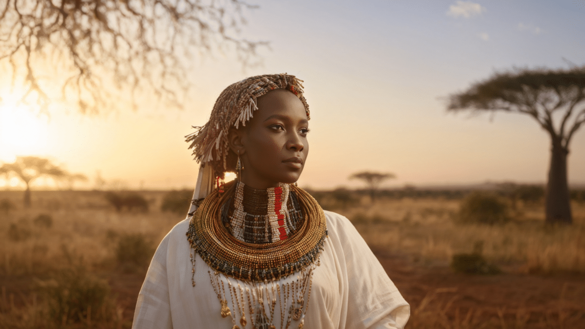 Femme africaine en tenue traditionnelle devant un coucher de soleil dans la savane.